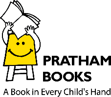 Logo of Pratham Books with a cartoon character holding a book on a white background
